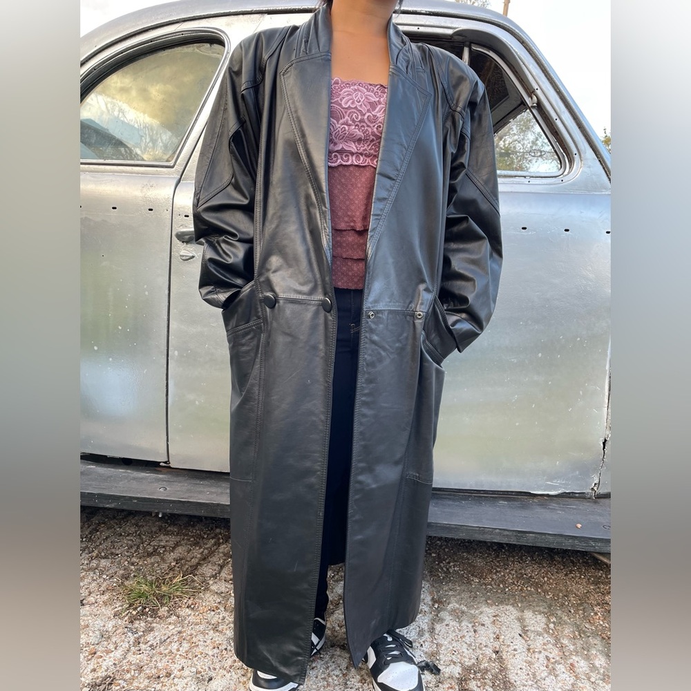 🔥Winlit Genuine Leather Double Breasted Full Length Matrix Black Coat Jacket M